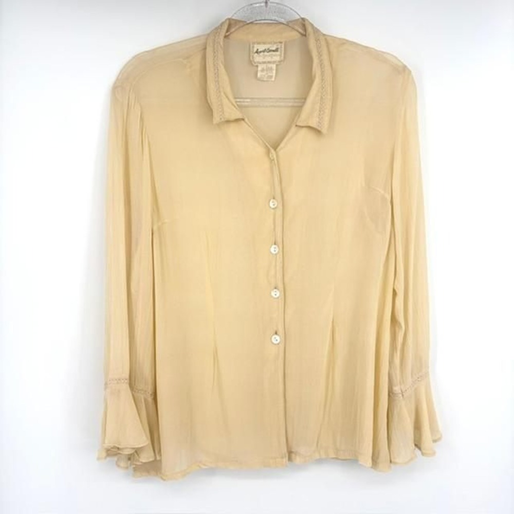 Vintage April Cornell Sheer Blouse Ruffle Bell‎ Sleeve Crochet Knit Large Boho